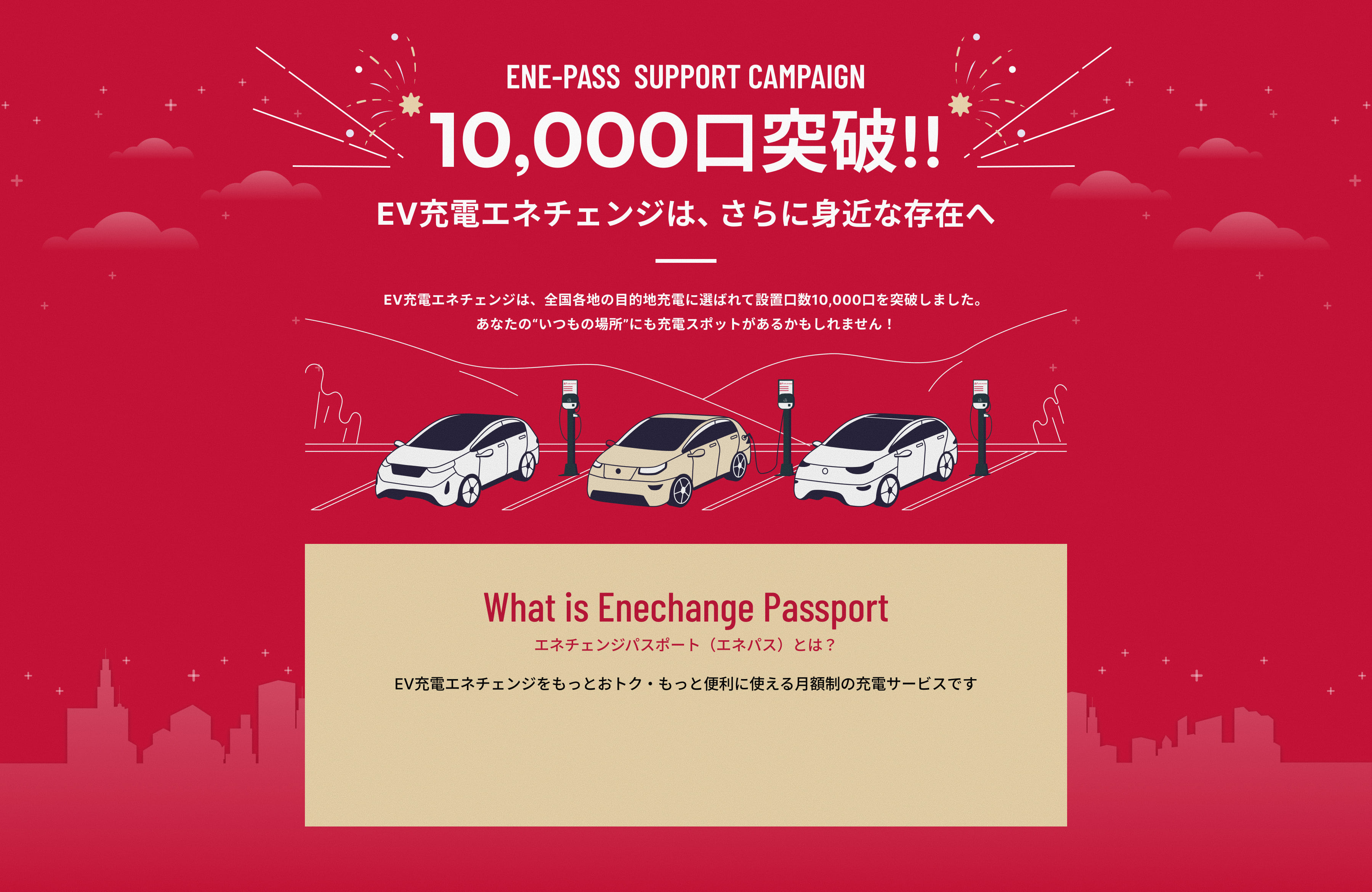 ENE-PASS  SUPPORT CAMPAIGN 10,000口突破!! EV充電エネチェンジは、さらに身近な存在へ EV充電エネチェンジは、全国各地の目的地充電に選ばれて設置口数10,000口を突破しました。あなたの“いつもの場所”にも充電スポットがあるかもしれません！ What is Enechange Passport エネチェンジパスポート（エネパス）とは？ EV充電エネチェンジをもっとおトク・もっと便利に使える月額制の充電サービスです