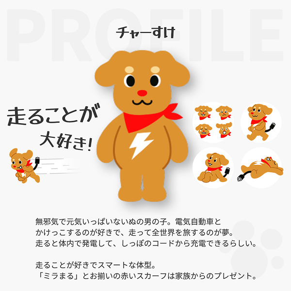 チャーすけ 走ることが大好き！ 無邪気で元気いっぱいないぬの男の子。電気自動車とかけっこするのが好きで、走って全世界を旅するのが夢。走ると体内で発電して、しっぽのコードから充電できるらしい。走ることが好きでスマートな体型。「ミラまる」とお揃いの赤いスカーフは家族からのプレゼント。