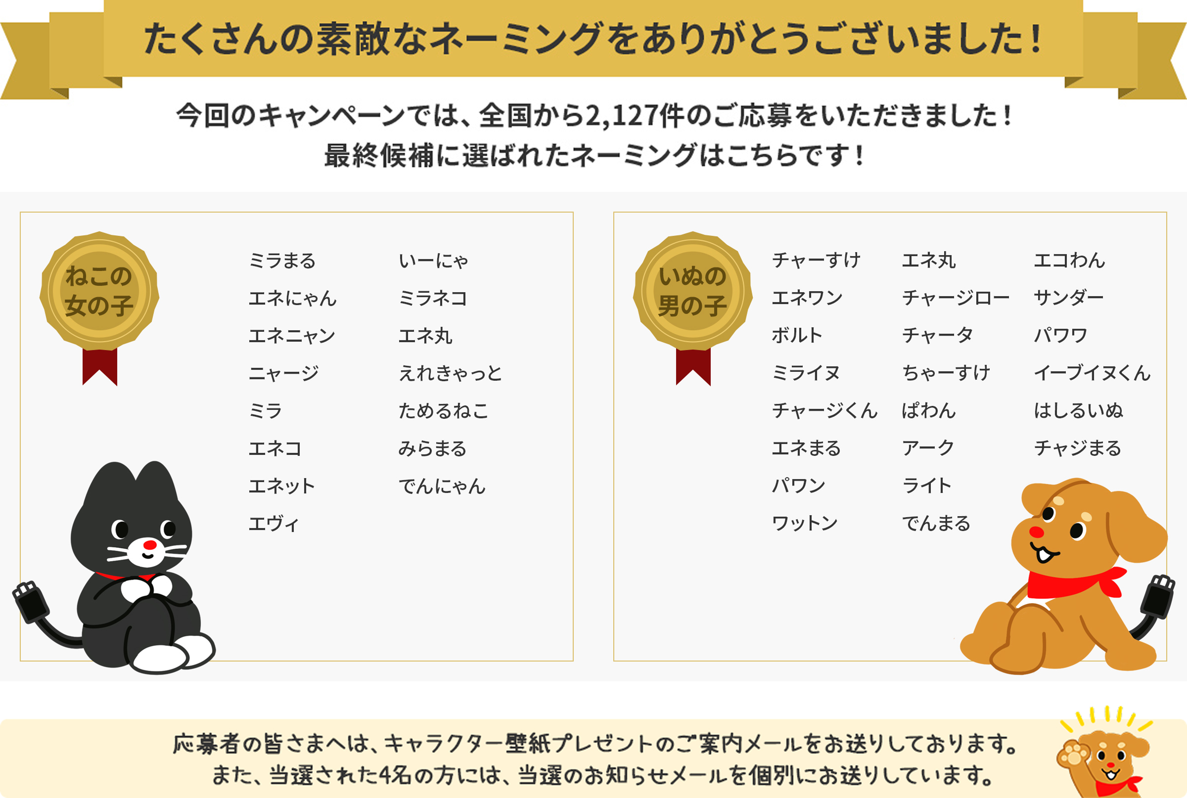 たくさんの素敵なネーミングをありがとうございました！今回のキャンペーンでは、全国から2,127件のご応募をいただきました！最終候補に選ばれたネーミングはこちらです！