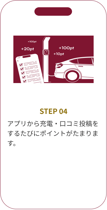 STEP04 アプリから充電・口コミ投稿をするたびにポイントがたまります。